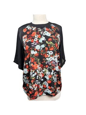 BCBGeneration Floral Blouse Small Sheer Sleeves Lace Detail Top NWT
